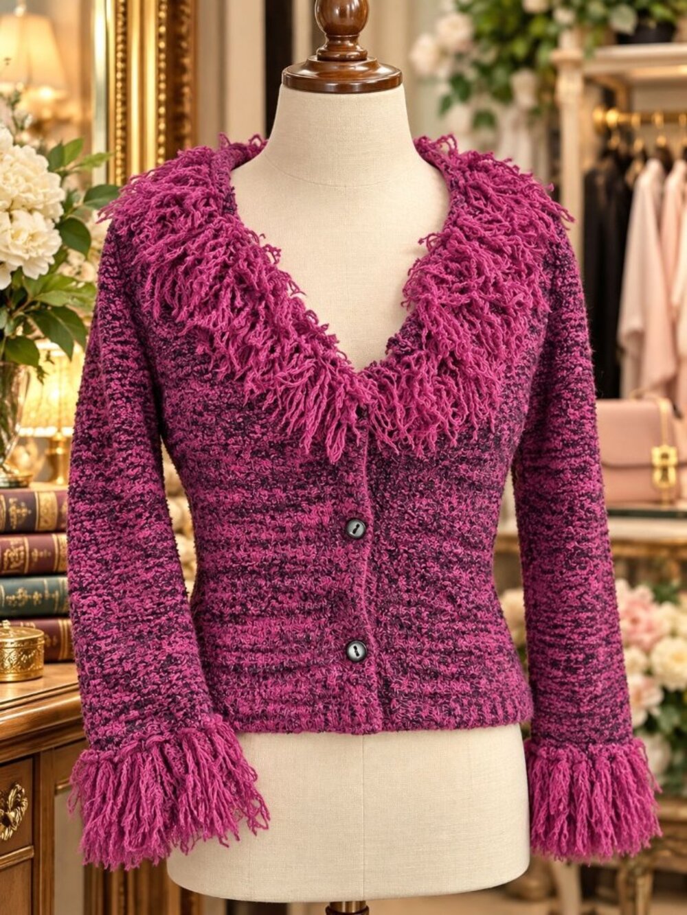 Vtg 90s Pink & Black Shaggy Eyelash Fringe Trim Cardigan M Y2K Whimsical Fairy